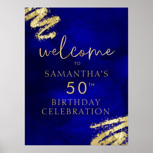 Royal Blue och Guld Birthday Välkommen Poster 18 x (Framsidan)