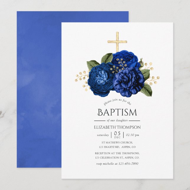 Royal Blue och Guld Blommig Dop Inbjudningar (Fram/baksida)