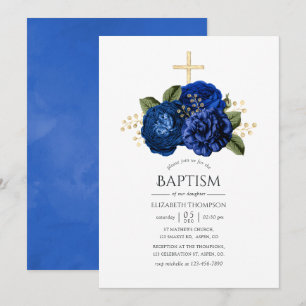 Royal Blue och Guld Blommigt Baptism Inbjudningar