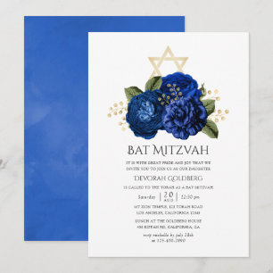 Royal Blue och Guld Blommigt Bat mitzvah Inbjudningar