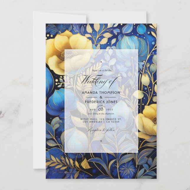 Royal Blue och Guld Blommigt Bröllop Inbjudningar (Framsida)
