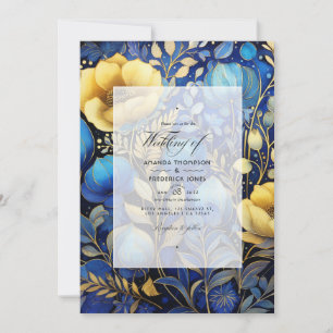 Royal Blue och Guld Blommigt Bröllop Inbjudningar