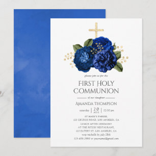 Royal Blue och Guld Blommigt Första Heligan Kommun Inbjudningar