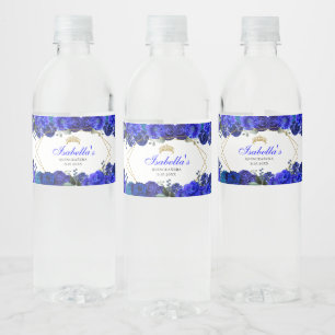 Royal Blue och Guld Blommigt Quinceanera Vattenflaskor Etikett