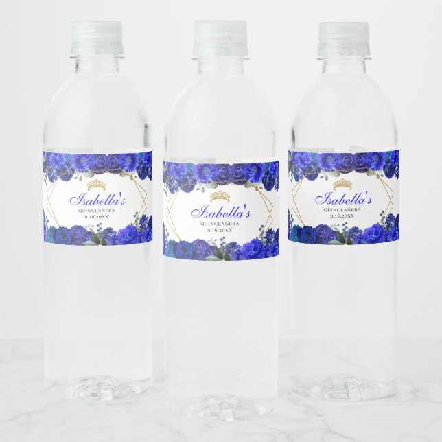 Royal Blue och Guld Blommigt Quinceanera Vattenflaskor Etikett (Flaskor)