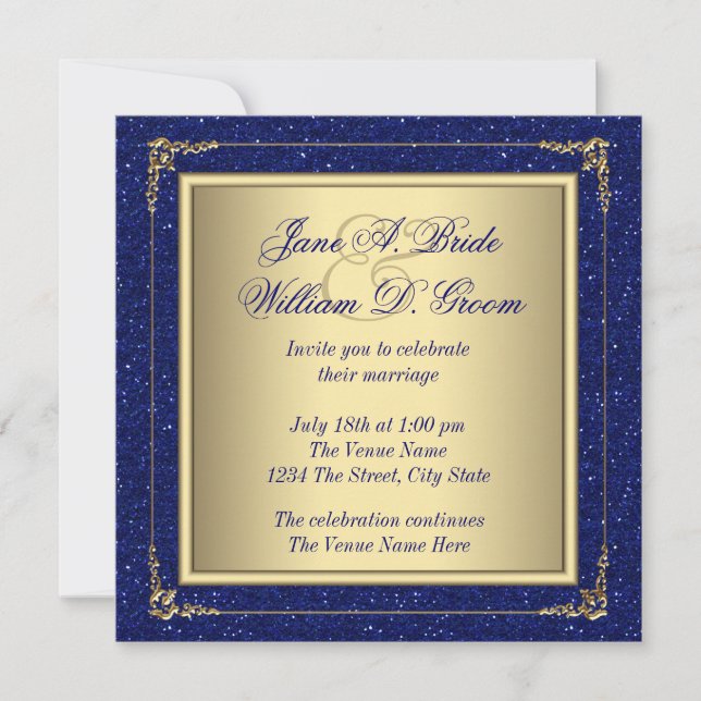 Royal Blue och Guld Bröllop Inbjudningar (Framsida)
