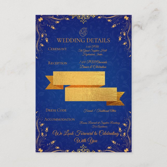 Royal Blue och Guld Bröllopsdetaljkort Tilläggskort (Framsida)