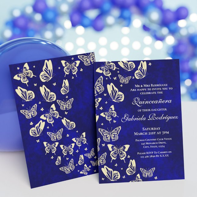 Royal Blue och Guld Butterfly 15:e födelsedagsfest Inbjudningar (Royal Blue and Gold Butterfly 15th birthday Party Invitation)