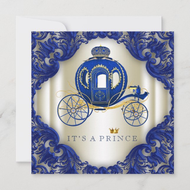 Royal Blue och Guld Carriage Prince Baby Shower Inbjudningar (Framsida)