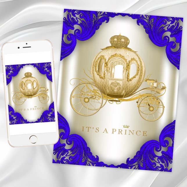 Royal Blue och Guld Carriage Prince Baby Shower Inbjudningar (Blue gold carriage prince baby shower invitation. Instant download and printed invitations available)