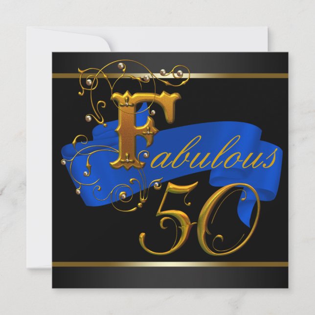Royal Blue och Guld Fabulous 50:e Födelsedagsfeste Inbjudningar (Framsida)