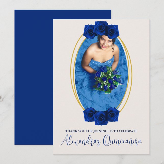 Royal Blue och Guld Geometric Quinceañera Tack Kort (Fram/baksida)