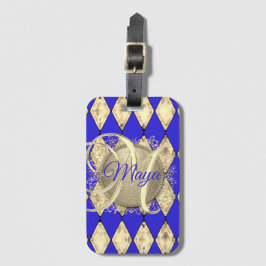 Royal Blue och Guld Glam Monogram Bagagebricka