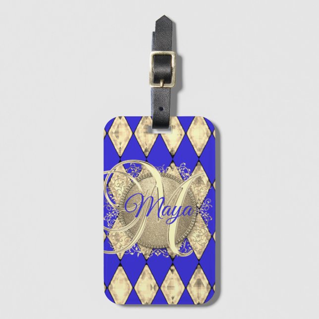 Royal Blue och Guld Glam Monogram Bagagebricka (Framsida vertikal)