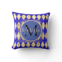 Royal Blue och Guld Glam Monogram Dekorativ kudde