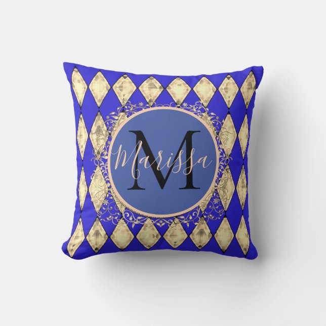 Royal Blue och Guld Glam Monogram Dekorativ kudde (Framsida)