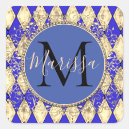 Royal Blue och Guld Glam Monogram Fyrkantigt Klistermärke