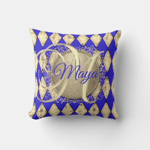 Royal Blue och Guld Glam Monogram Kudde