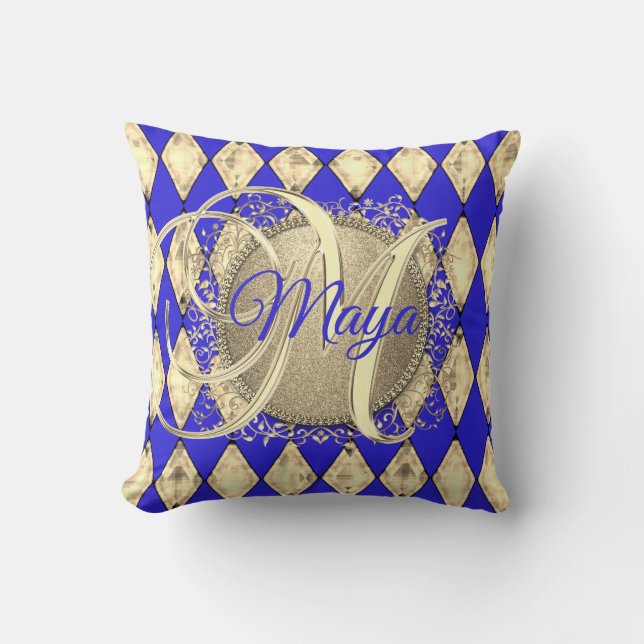Royal Blue och Guld Glam Monogram Kudde (Framsida)