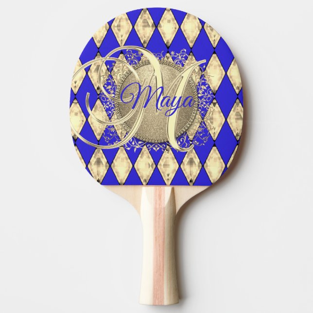 Royal Blue och Guld Glam Monogram Pingisracket (Framsidan)