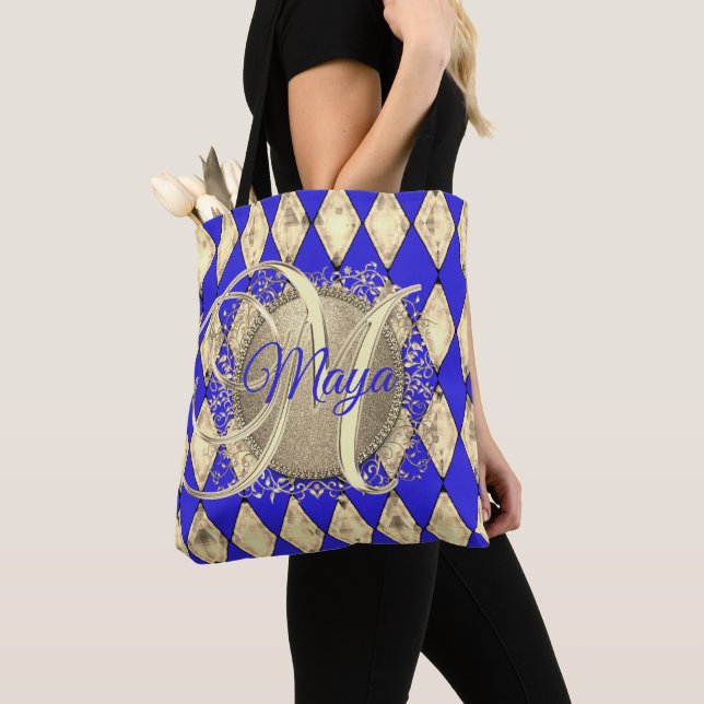 Royal Blue och Guld Glam Monogram Tygkasse (Närbild)