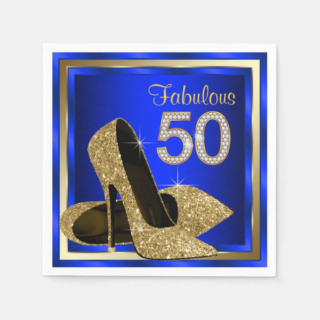 Royal Blue och Guld High Heel 50:e Födelsedagsfest Pappersservett (Framsidan)