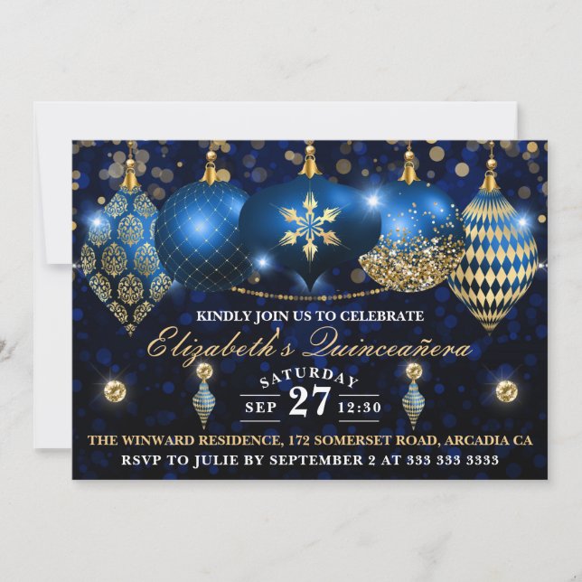 Royal Blue och Guld jul Baubles Quinceañera Inbjudningar (Framsida)