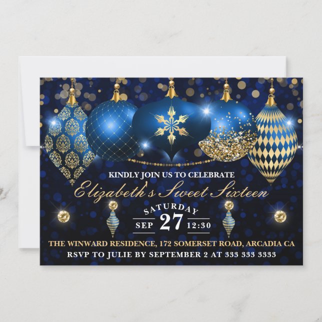 Royal Blue och Guld jul Baubles Sweet 16 Inbjudningar (Framsida)