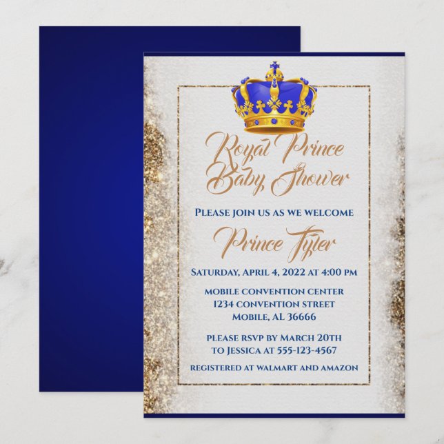 Royal Blue och Guld Krona Prince Baby Shower Inbjudningar (Fram/baksida)