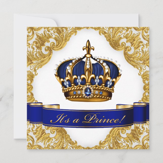 Royal Blue och Guld Krona Prince Baby Shower Inbjudningar (Framsida)