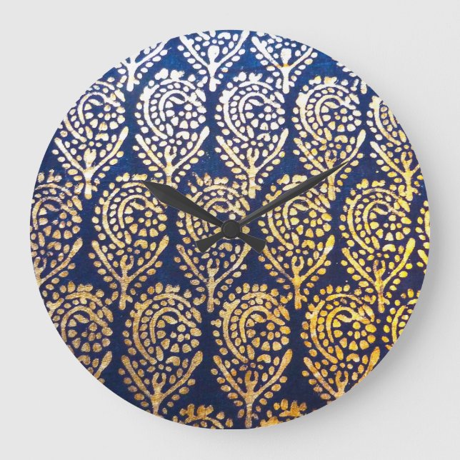 Royal Blue och Guld Livets träd Mönster Stor Klocka (Framsida)