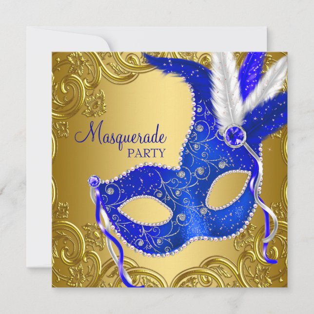 Royal Blue och Guld Masquerad Party Inbjudningar (Framsida)