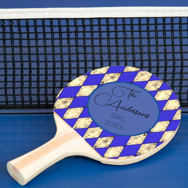 Royal Blue och Guld Modern Family Namn Harlequin Pingisracket (Insitu)