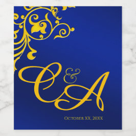 Royal Blue och Guld Monogrammed Bröllop Vinflaska Etikett