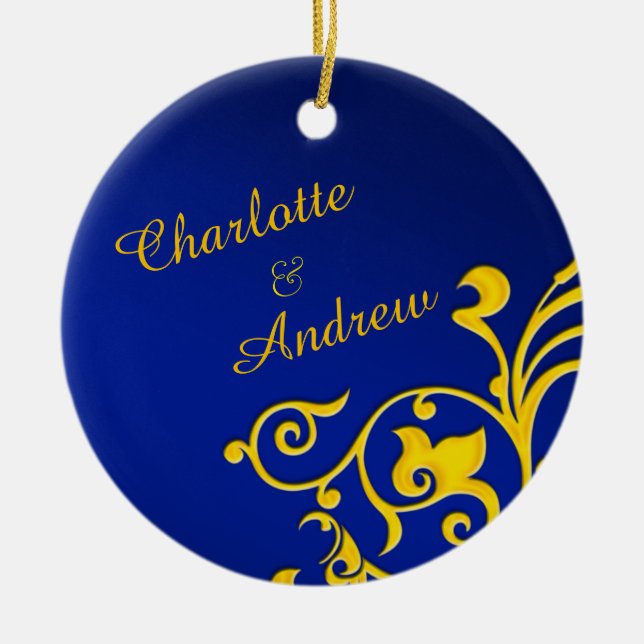 Royal Blue och Guld Personlig Namn Julgransprydnad Keramik (Framsidan)