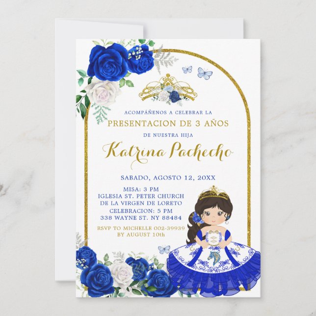 Royal Blue och Guld presentació n De Tres Añ os Inbjudningar (Framsida)