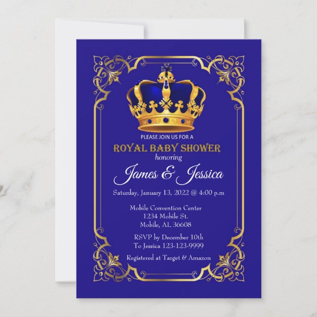 Royal Blue och Guld Prince Baby Shower Inbjudningar (Framsida)