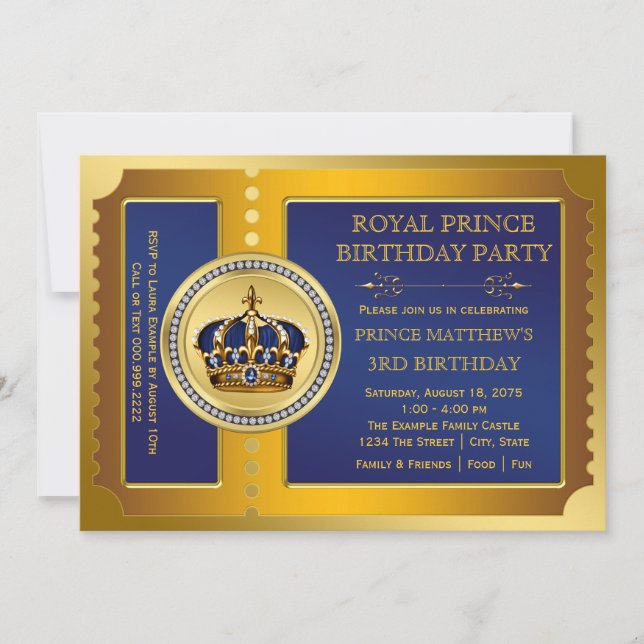 Royal Blue och Guld Prince Födelsedagsfest Inbjudningar (Framsida)