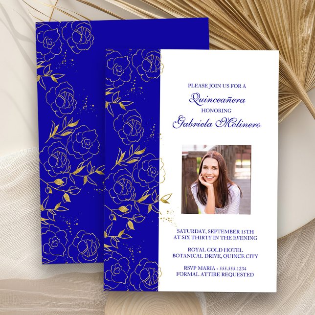 Royal Blue och Guld Quinceanera Elegant Photo Inbjudningar (Quinceanera Photo Invitation from my Elegant Gold Flowers Quinceanera Collection)
