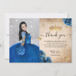 Royal Blue och Guld Quinceañera Photo Birthday Tack Kort
