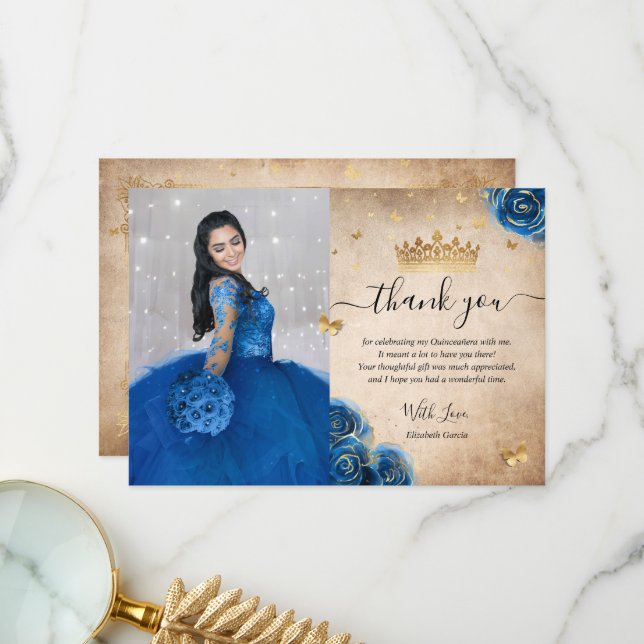 Royal Blue och Guld Quinceañera Photo Birthday Tack Kort (Fram/Back In Situ)