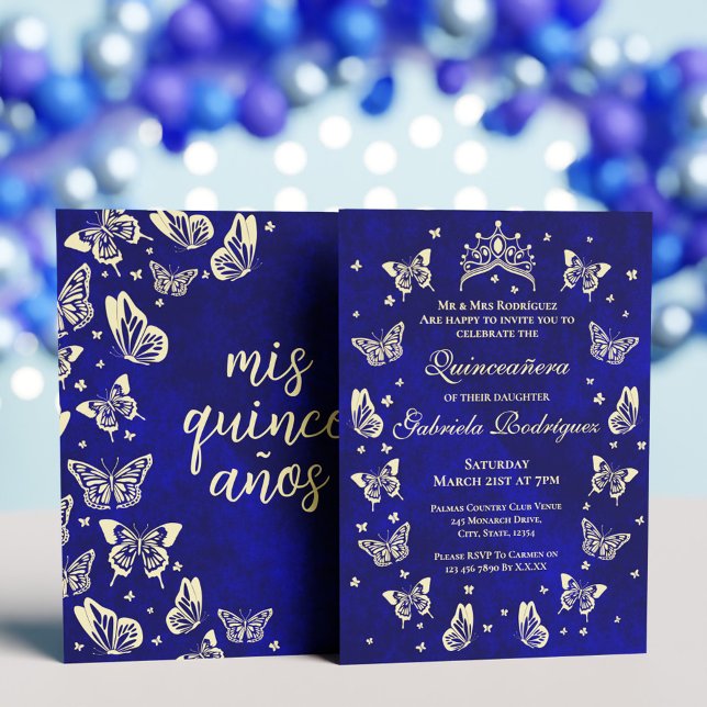 Royal Blue och Guld Quinceañera Tiara Butterfly Inbjudningar (Royal Blue and Gold Quinceañera Tiara Butterfly Invitation)