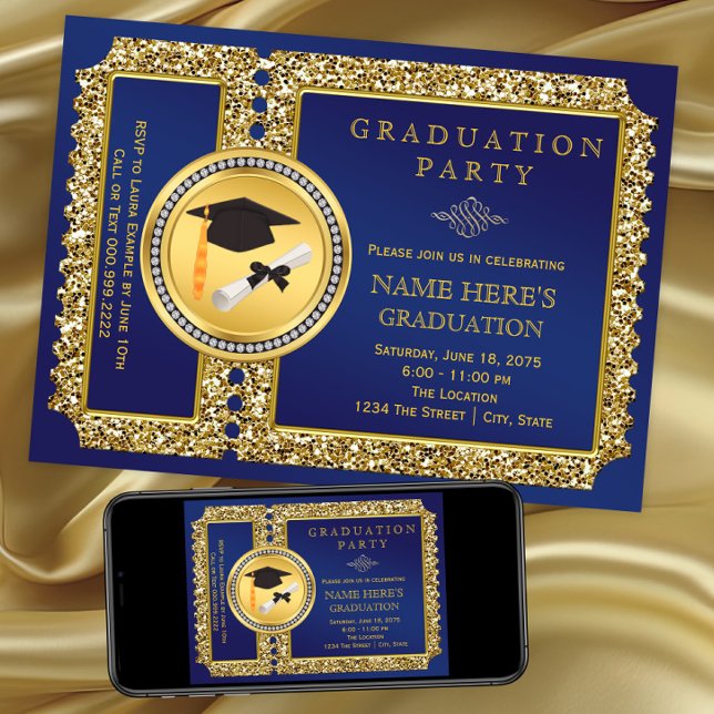 Royal Blue och Guld Studenten Inbjudningar (Royal blue and gold graduation party invitation. Instant download file and printed invites available)