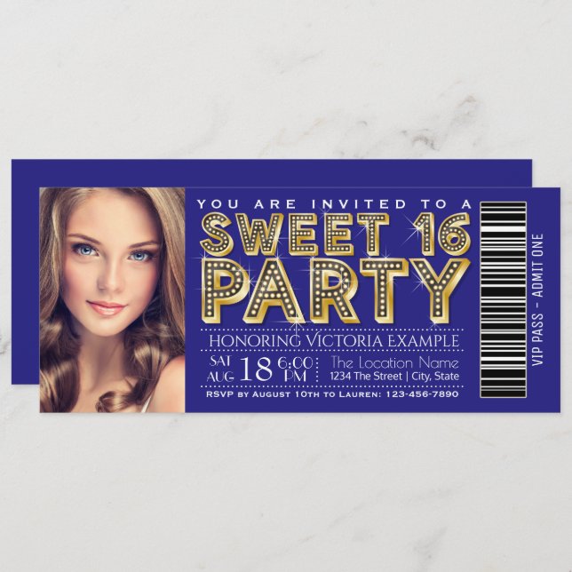 Royal Blue och Guld Sweet 16 Biljett Inbjudningar (Fram/baksida)