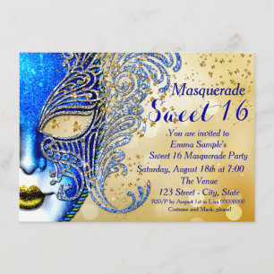 Royal Blue och Guld Sweet 16 Maskeradfest Inbjudningar