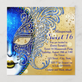 Royal Blue och Guld Sweet 16 Maskeradfest Inbjudningar