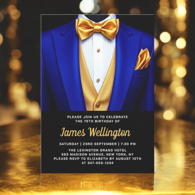 Royal Blue och Guld Tuxedo Birthday Event Inbjudningar (Skapare uppladdad)