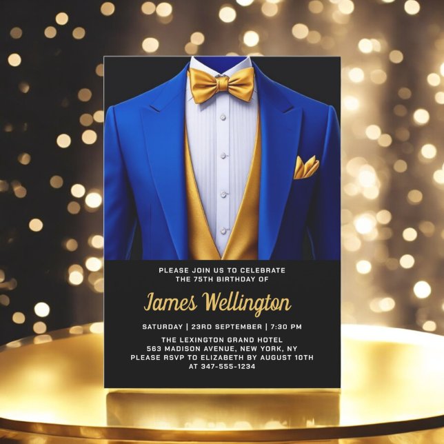 Royal Blue och Guld Tuxedo Birthday-firandet Inbjudningar (Skapare uppladdad)