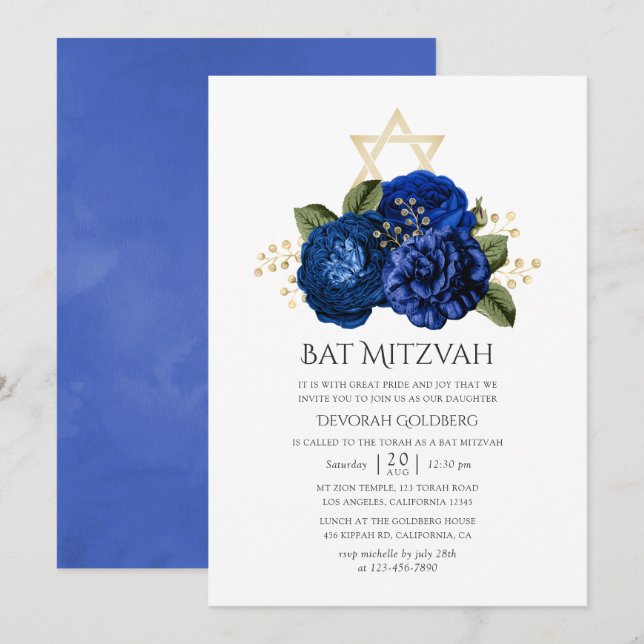 Royal Blue och guldblommig Bar Mitzvah Inbjudningar (Fram/baksida)