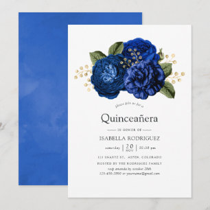 Royal Blue och guldblommig Quinceañera Inbjudningar